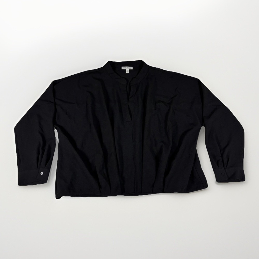Prologue Split Neck Blouse Womens Large Black Long Sleeve Boxy Minimalist Ebony